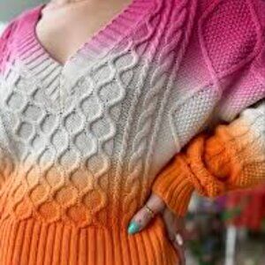 Wilfred Free Aritzia Wool V-neck cropped sweater Pink White Orange Ombre sz XXS